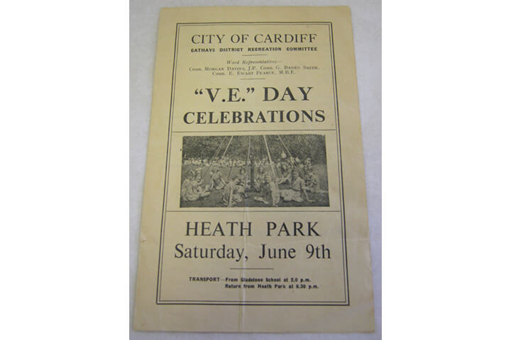 Front cover of programme for VE Day celebrations. Main text reads. City of Cardiff, Cathays District Recreation Committee. V.E. Day Celebrations. Heath Park Saturday, June 9th.