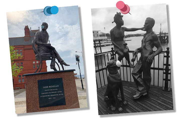 Statues in Cardiff Bay wearing surgical facemasks.