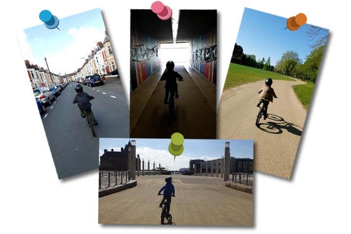 Four photos of a chils riding a bicycle around the empty streets of Cardiff during lockdown in 2020.