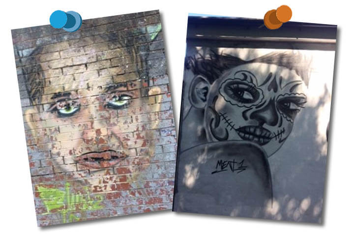 Two images of wall street art, both feature people's heads. A person with green eyes looking straight ahead and a person with ornate skeleton design face paint.
