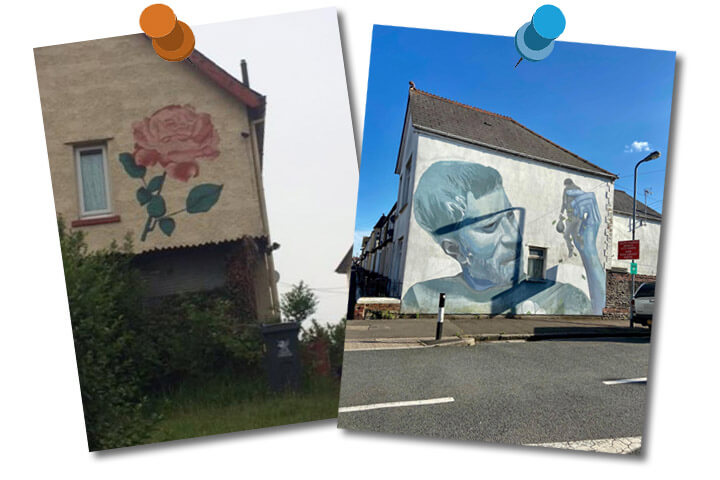 Two photos of street art on side of buildings. A painted rose on the wall of a house. An artwork on wall of house, of a man holding in his hand and looking at a tiny man.