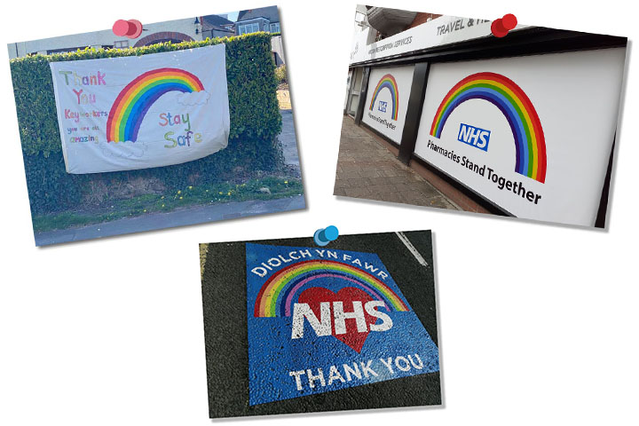Rainbow signs dedicated to the NHS and key workers, during COVID-19 lockdown 2020.