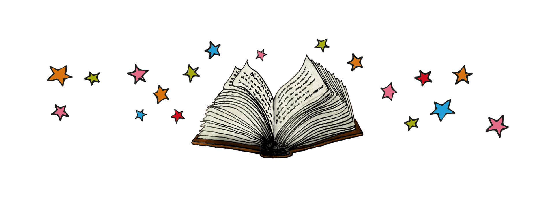 Illustration of storybook and multicoloured stars.